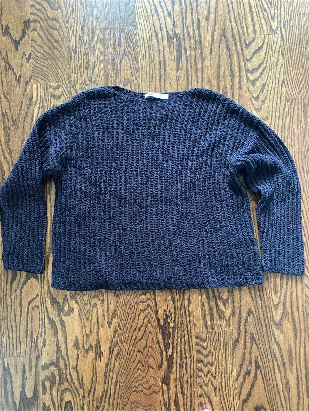 Zara Dark Navy Open-Knit Crewneck Sweater